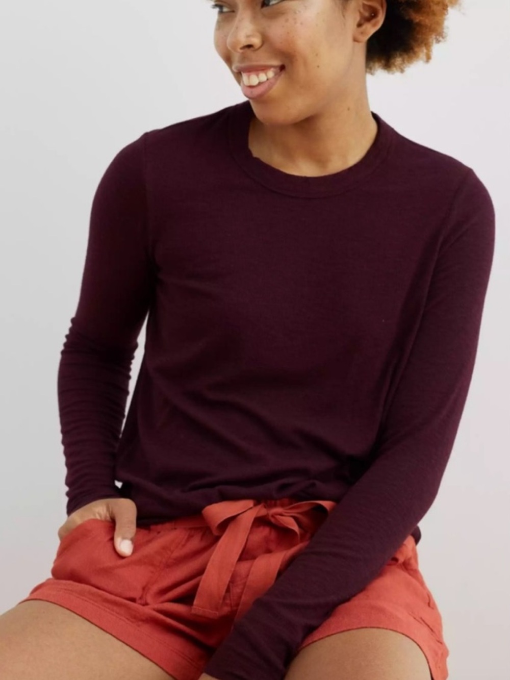 Aerie Real Soft Ribbed Long Sleeve Crew Neck Tee - Burgundy - XLarge XL